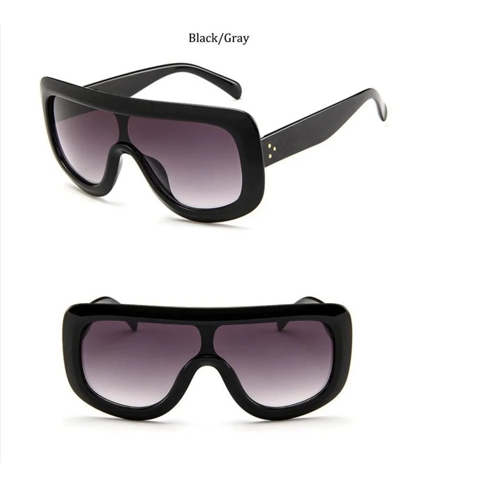 Mens Oversized Black Shield Sunglasses Flat Top Gradient Gray Lens‎ Square Frame